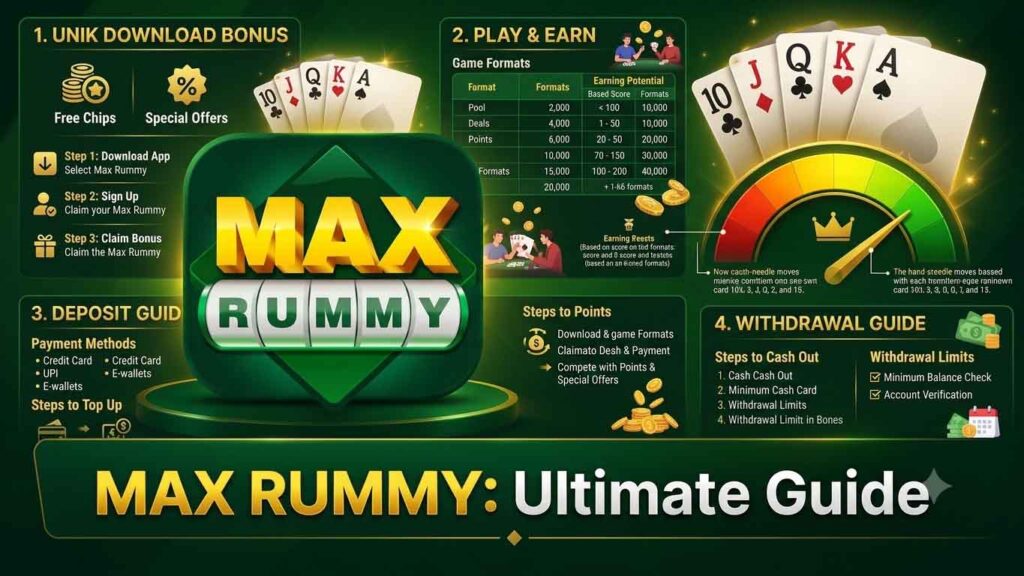 Max Rummy is a trusted online real-money gaming app offering Rummy, high-yield slot machines, and Yono/Diwa card games against 100% real players, providing daily cash rewards and instant bank payouts.